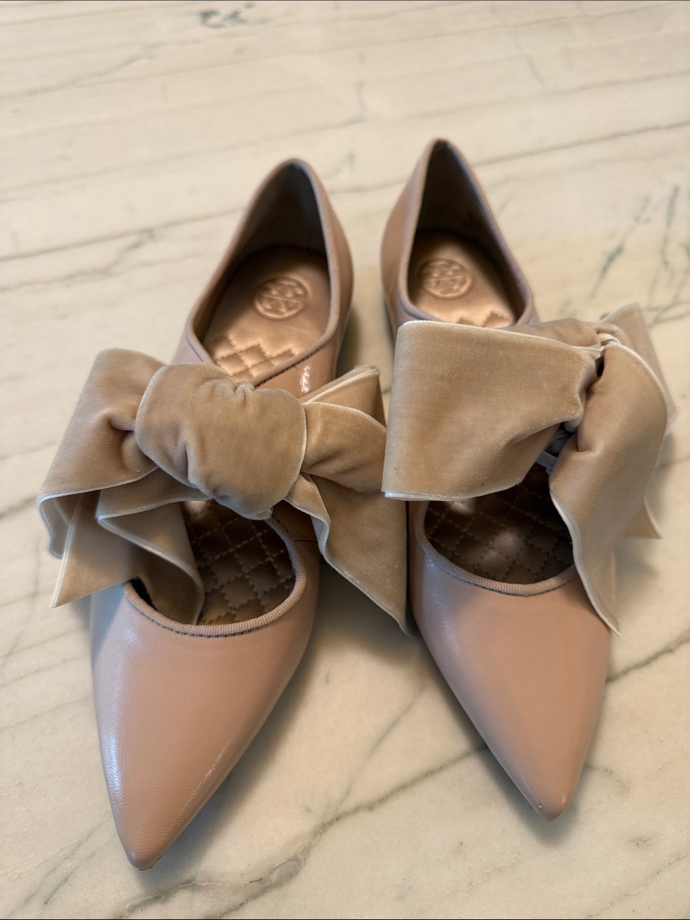 Tory Burch Pointed Toe Ballet Flats with Velvet Bow - Nude